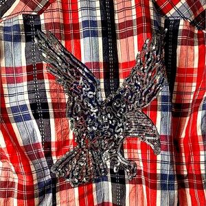 Ariat Rodeo Cowgirl Red Plaid Western Pearl Snaps,Silver Sequin USA 🇺🇸 Plus 2X